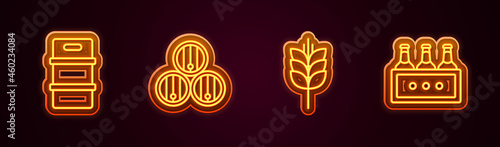 Set line Metal beer keg, Wooden barrel, Wheat and Pack of bottles. Glowing neon icon. Vector