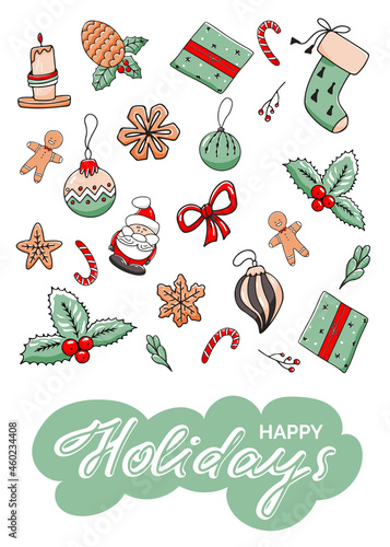 Vertical greeting card with Christmas elements and lettering. Happy holidays. Vector illustration in hand drawn style.
