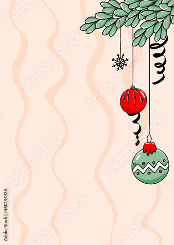 Christmas vertical background with hand drawn New Years balls, serpentine pine branch and snowflake. Vector illustration