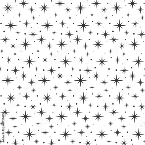 Seamless ornament with black shining stars and sparkles on white background.