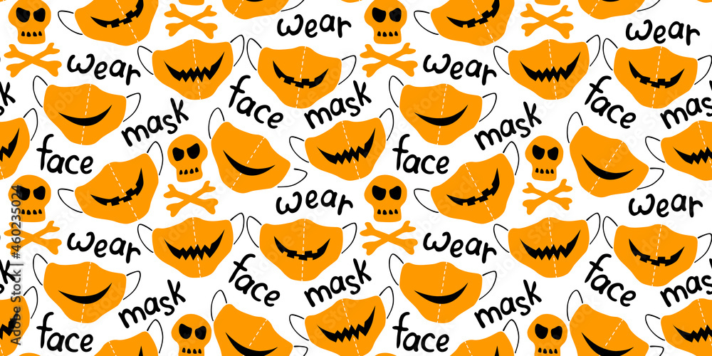 Seamless vector pattern of medical protect face masks. Halloween background and texture with lettering in flat style. Virus protection, quarantine. Covid-19 pandemic Seamless vector pattern of medical protect face masks. Halloween background and texture with lettering in flat style. Virus protection, quarantine. Covid-19 pandemic