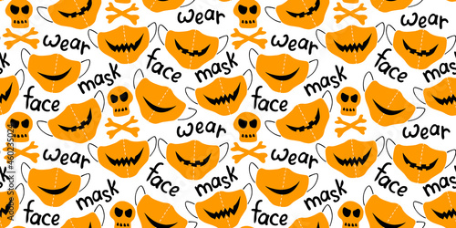 Seamless vector pattern of medical protect face masks. Halloween background and texture with lettering in flat style. Virus protection  quarantine. Covid-19 pandemic