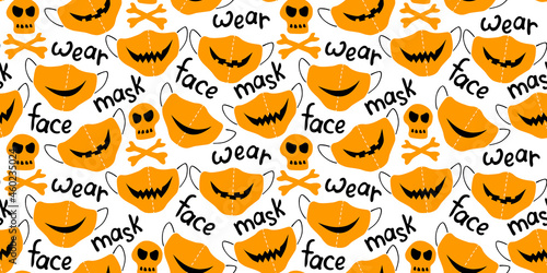 Seamless vector pattern of medical protect face masks. Halloween background and texture with lettering in flat style. Virus protection, quarantine. Covid-19 pandemic