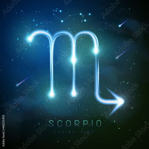 Modern magic witchcraft card with astrology glittering golden Scorpio zodiac sign on outer space background