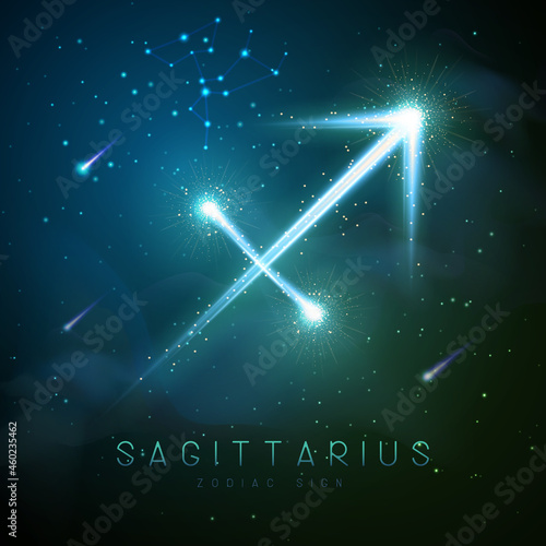 Modern magic witchcraft card with astrology glittering golden Sagittarius zodiac sign on outer space background