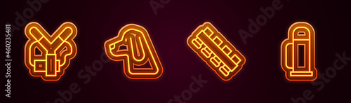 Set line Slingshot, Hunting dog, cartridge belt and Thermos container. Glowing neon icon. Vector