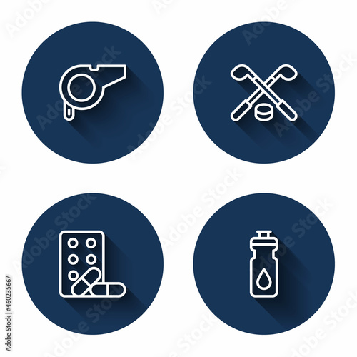 Set line Whistle, Ice hockey sticks and puck, Sports doping with dumbbell and Fitness shaker with long shadow. Blue circle button. Vector