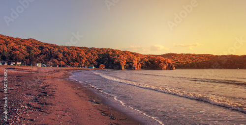 Lashkevich Bay  Nakhodka city  Primorsky Region  Russia.  Landscape view of the sandy sea bay and fall foliage of the cape of Japan Sea on the sunset