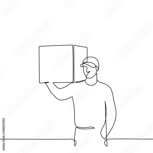 male courier stands with a large box on his shoulder which he holds with one hand with the other in his pocket - one line drawing vector. courier delivers the order in a box