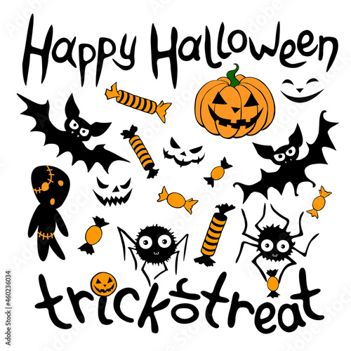 Happy Halloween. Set of traditional festive design elements and symbols - pumpkin, jack lantern, zombies,spiders, bats, candy. Simple icons and lettering in flat style, isolated