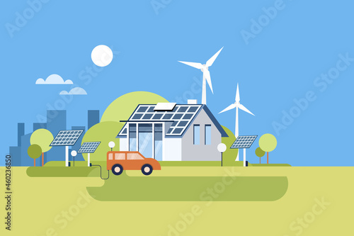 Illustration of an environment friendly modern house using renewable sources of energy