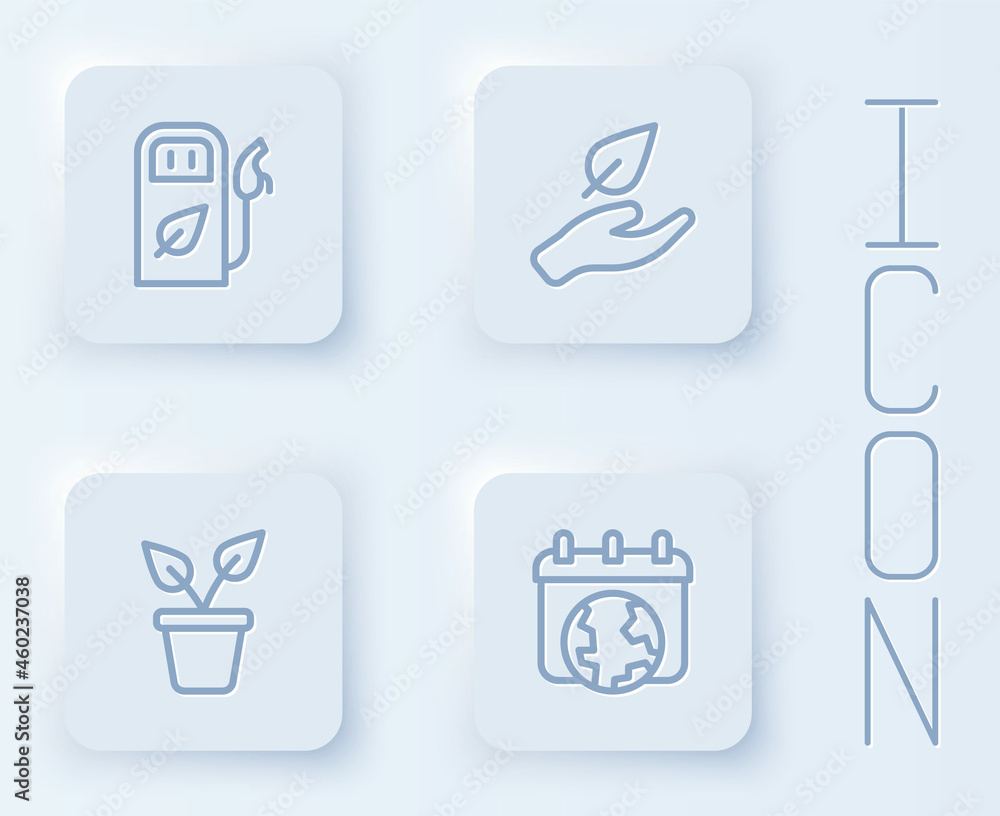 Set line Petrol or gas station, Leaf in hand, Plant pot and World Earth day. White square button. Vector Set line Petrol or gas station, Leaf in hand, Plant pot and World Earth day. White square button. Vector