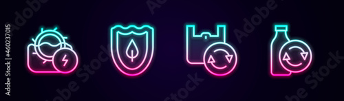Set line Water mill, Shield with leaf, Shopping bag recycle and Recycling plastic bottle. Glowing neon icon. Vector