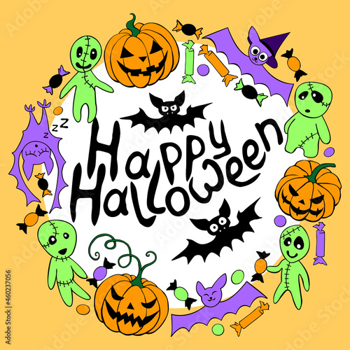 Happy Halloween-lettering in round frame of holiday design characters, icons. Festive border, title for guising, greeting card, invitation, party poster
