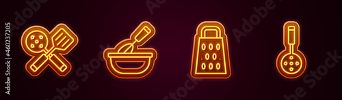 Set line Spatula, Cooking whisk with bowl, Grater and . Glowing neon icon. Vector