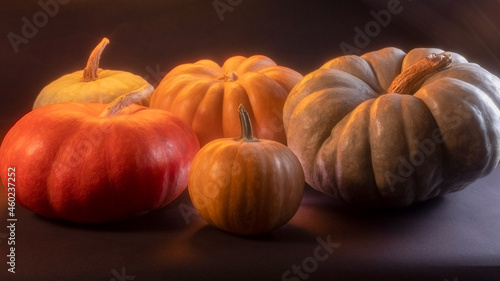 Pumpkin close-up on a black background in isolation. Soft mystical lighting with highlights, flare, flicker in the frame. Autumn theme. The holiday of Halloween.