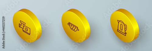 Set Isometric line Kitchen meat grinder, colander and Electric kettle icon. Vector