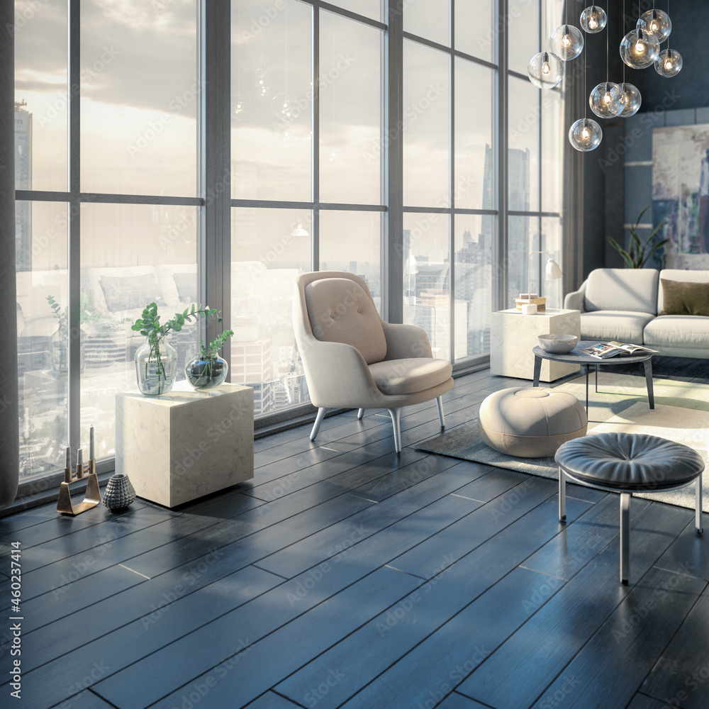 Furnishing Inside a Modern Style Panorama Apartment (detail) - 3D Visualization - obrazy, fototapety, plakaty 
