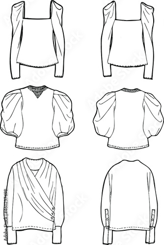 a set of fashion production sketches for the latest season, ladies' casual wear,  woven and knitted top, puffy sleeves shows a feminine feel, long and short sleeves, pleated, front and back view.