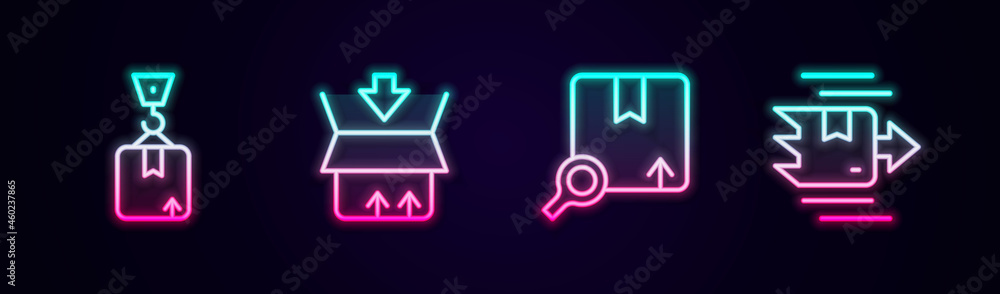 Set line Crane with cardboard box, Carton, Search package and . Glowing neon icon. Vector Set line Crane with cardboard box, Carton, Search package and . Glowing neon icon. Vector