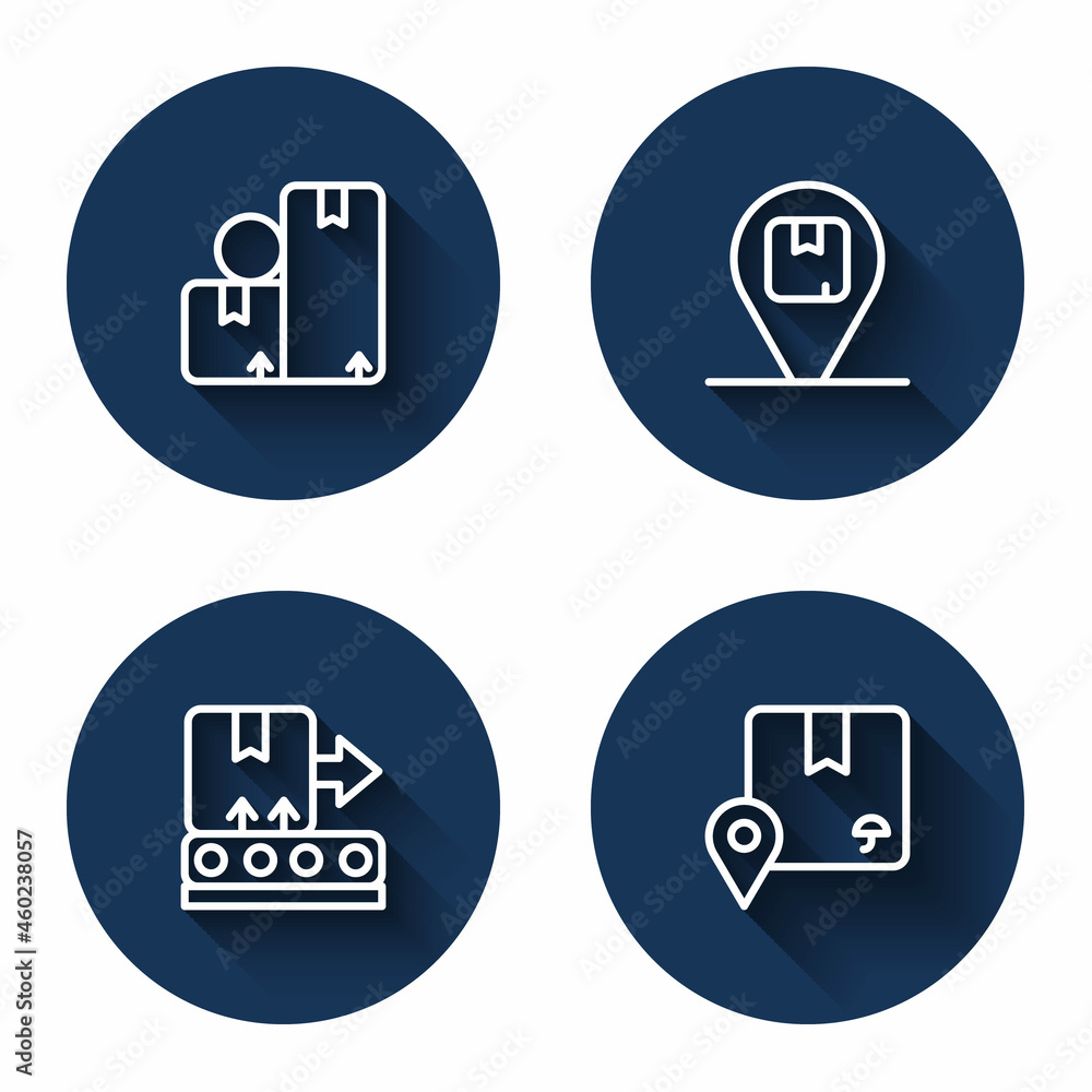 Set line Carton cardboard box, Location with, Conveyor belt and with long shadow. Blue circle button. Vector Set line Carton cardboard box, Location with, Conveyor belt and with long shadow. Blue circle button. Vector