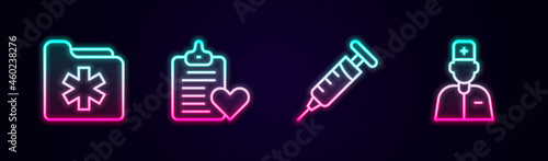 Set line Medical health record folder, Patient, Syringe and Male doctor. Glowing neon icon. Vector
