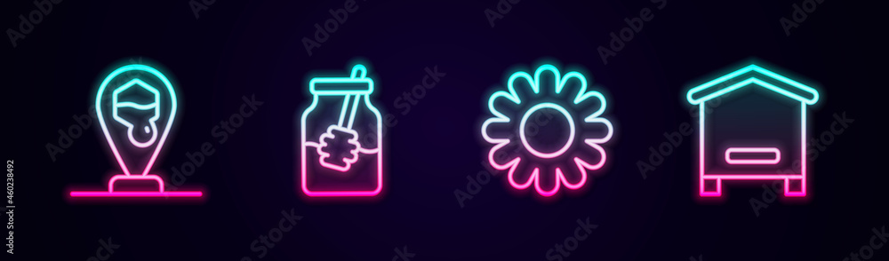 Set line Honeycomb bee location, Jar of honey and dipper stick, Flower and Hive for bees. Glowing neon icon. Vector Set line Honeycomb bee location, Jar of honey and dipper stick, Flower and Hive for bees. Glowing neon icon. Vector