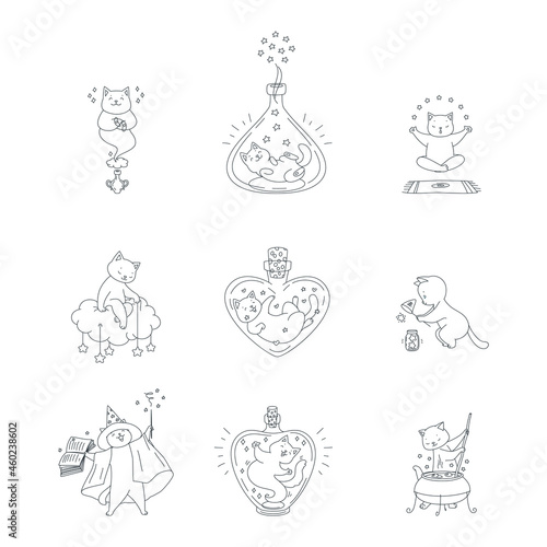Collection of magic kitties. Illustrations of cute white cats sitting in magic bottles, casting spells, making magic potion ets. Black-n-white outlined illustration.