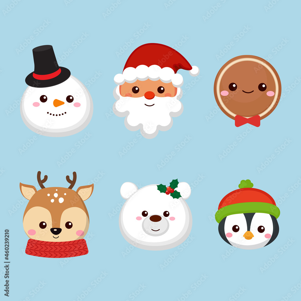 Cute Christmas characters head collection. Flat vector cartoon design Cute Christmas characters head collection. Flat vector cartoon design