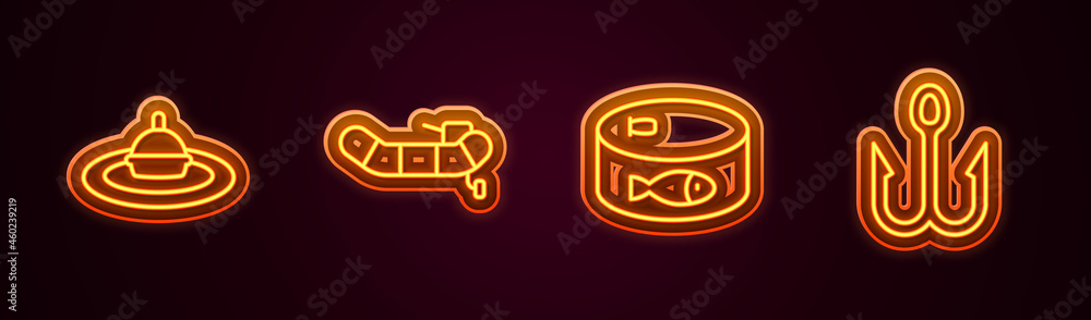 Set line Fishing float in water, Inflatable boat with motor, Canned fish and hook. Glowing neon icon. Vector Set line Fishing float in water, Inflatable boat with motor, Canned fish and hook. Glowing neon icon. Vector
