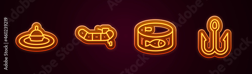 Set line Fishing float in water, Inflatable boat with motor, Canned fish and hook. Glowing neon icon. Vector