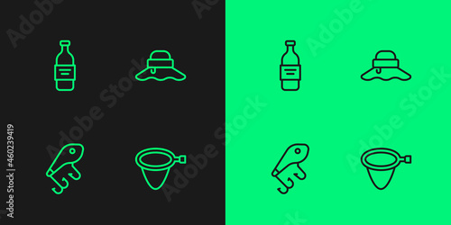 Set line Fishing net, lure, Bottle of vodka and Fisherman hat icon. Vector
