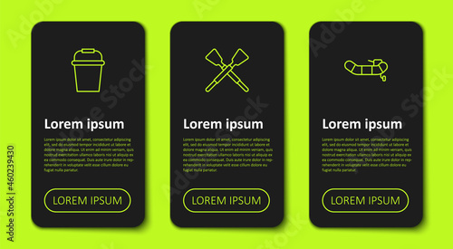 Set line Fishing bucket, Crossed oars or paddles boat and Inflatable with motor. Business infographic template. Vector