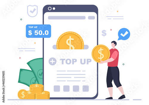 Top Up Add Your Money Balance Vector Illustration on Mobile Phone Device For Financial Application, E-Wallet or Digital Currency Concept