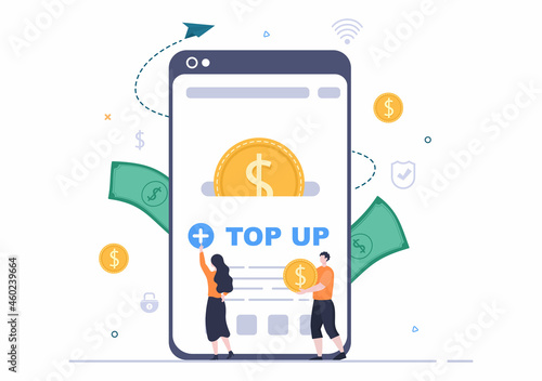 Top Up Add Your Money Balance Vector Illustration on Mobile Phone Device For Financial Application, E-Wallet or Digital Currency Concept