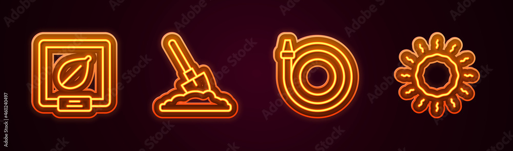 Set line Seeds of specific plant, Shovel in the ground, Garden hose and Sun. Glowing neon icon. Vector Set line Seeds of specific plant, Shovel in the ground, Garden hose and Sun. Glowing neon icon. Vector