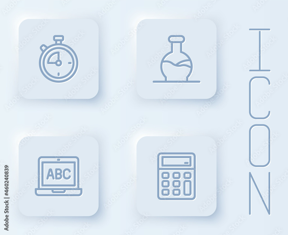 Set line Stopwatch, Test tube, Laptop and Calculator. White square button. Vector Set line Stopwatch, Test tube, Laptop and Calculator. White square button. Vector