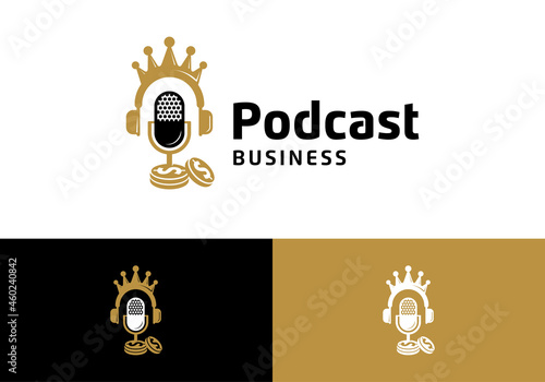 Microphone with money coins, business podcast logo illustration design template