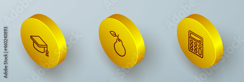 Set Isometric line Graduation cap, Pear and Calculator icon. Vector