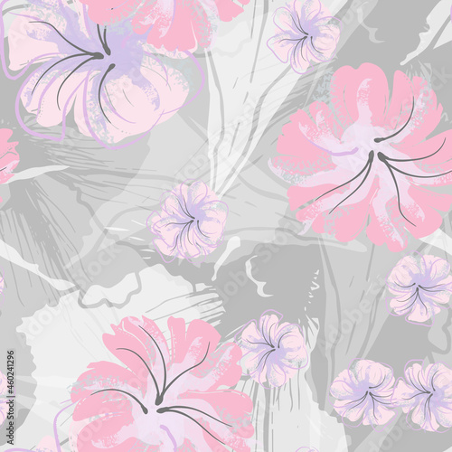 Pink Flowers Blooming Pattern. Pastel Watercolor.