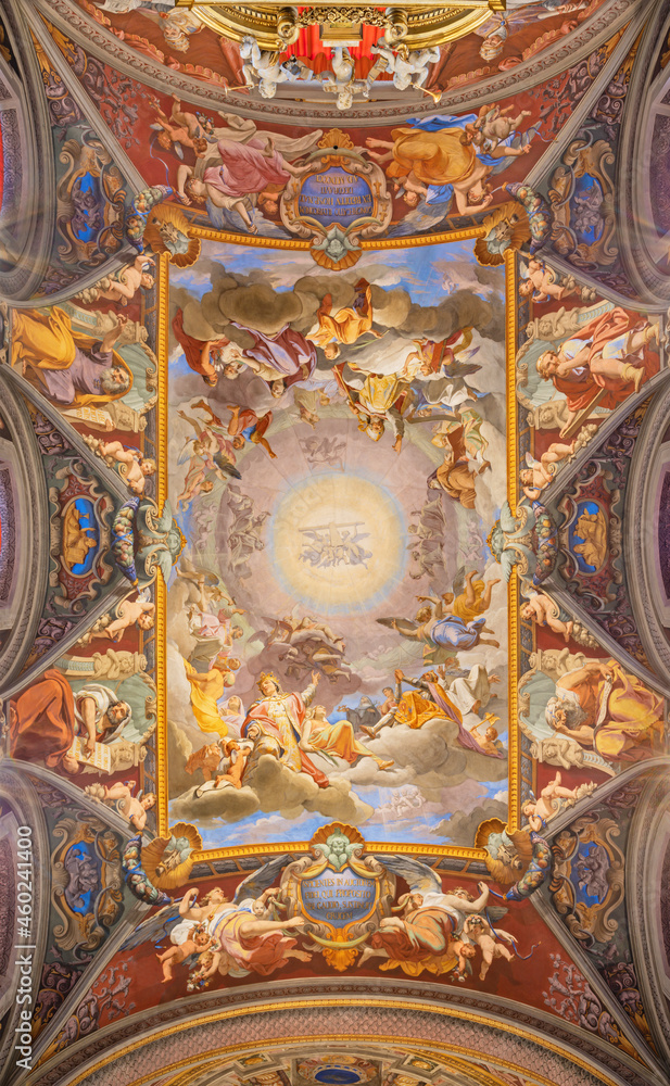 ROME, ITALY - AUGUST 28, 2021: The ceiling fresco Ealtation of holy crossin the church San Girolamo dei Croati by  Pietro Gagliardi (1847-1852).