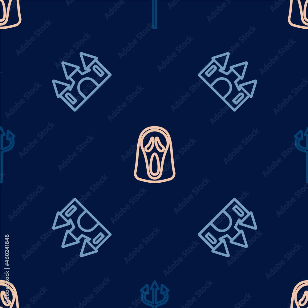 Set line Trident devil, Castle and Funny and scary ghost mask on seamless pattern. Vector Set line Trident devil, Castle and Funny and scary ghost mask on seamless pattern. Vector