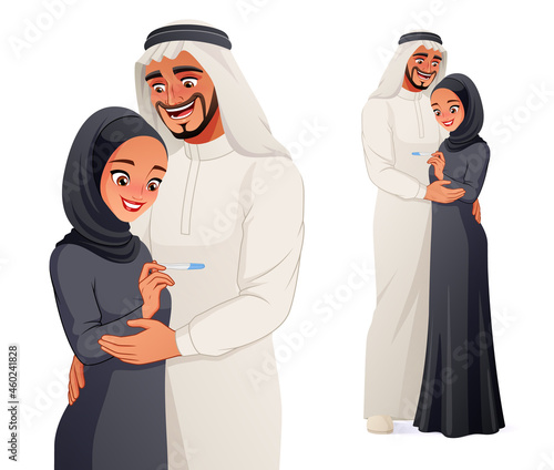 Happy pregnant Arab couple with pregnancy test. Vector illustration.
