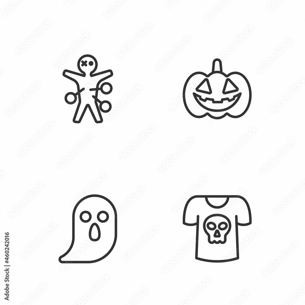 Set line Shirt with skull, Ghost, Voodoo doll and Pumpkin icon. Vector Set line Shirt with skull, Ghost, Voodoo doll and Pumpkin icon. Vector