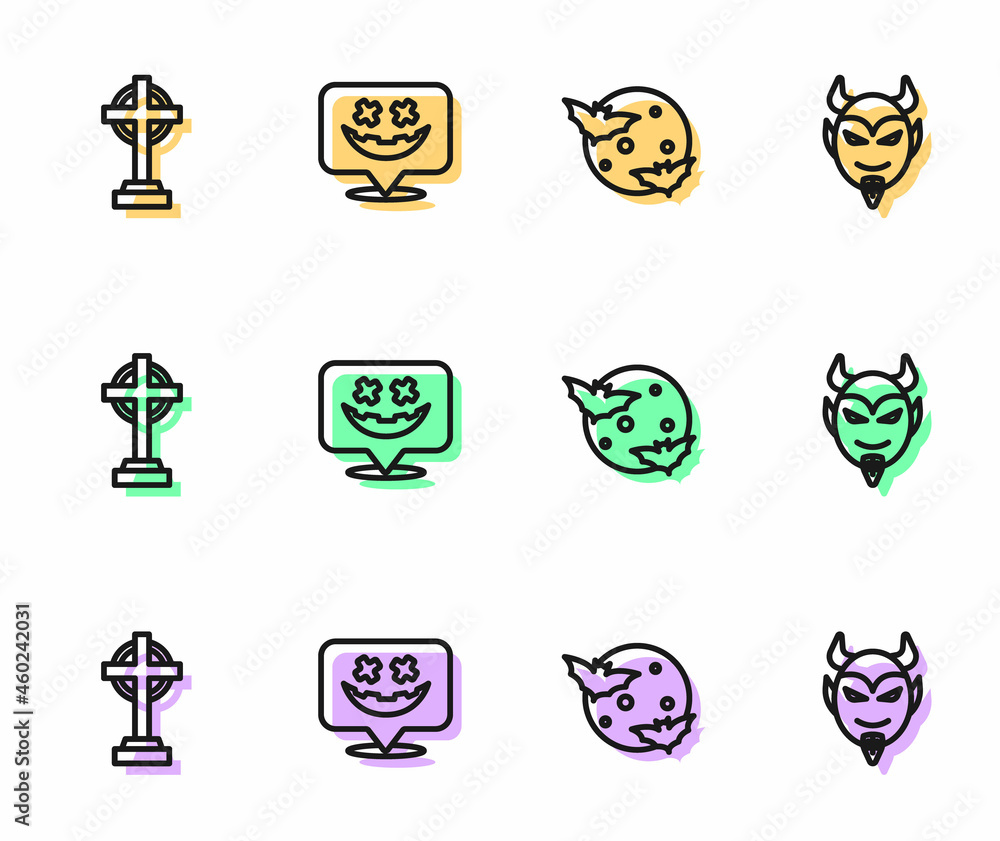 Set line Moon and stars, Tombstone with cross, Happy Halloween holiday and Devil head icon. Vector Set line Moon and stars, Tombstone with cross, Happy Halloween holiday and Devil head icon. Vector