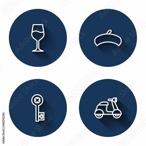 Set line Wine glass, French beret, Old key and Scooter with long shadow. Blue circle button. Vector