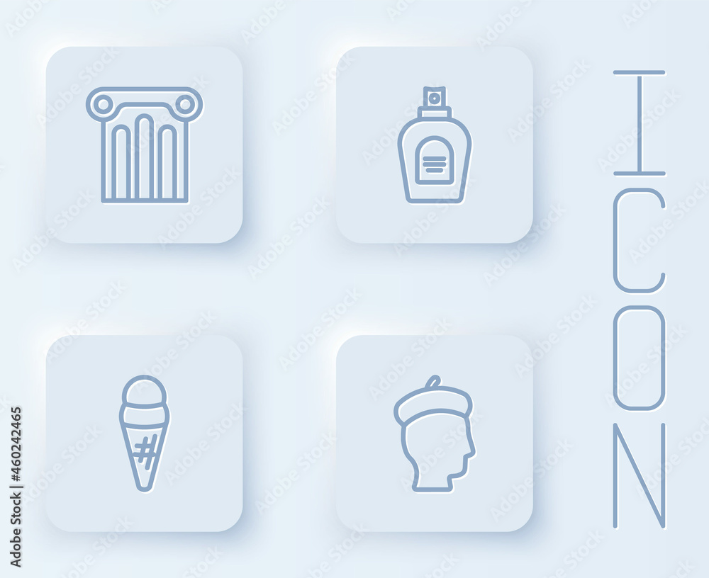 Set line Ancient column, Perfume, Ice cream in waffle and French man. White square button. Vector