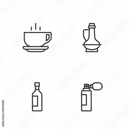 Set line Perfume  Bottle of wine  Coffee cup and olive oil icon. Vector