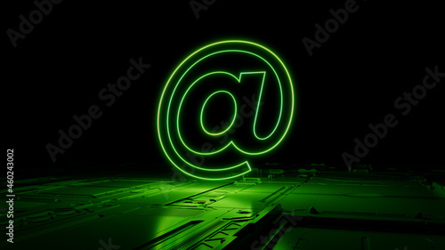 Green Email Technology Concept with @ symbol as a neon light. Vibrant colored icon, on a black background with high tech floor. 3D Render photo