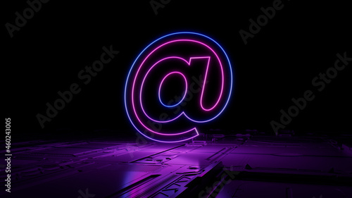 Pink and Blue Email Technology Concept with @ symbol as a neon light. Vibrant colored icon, on a black background with high tech floor. 3D Render photo